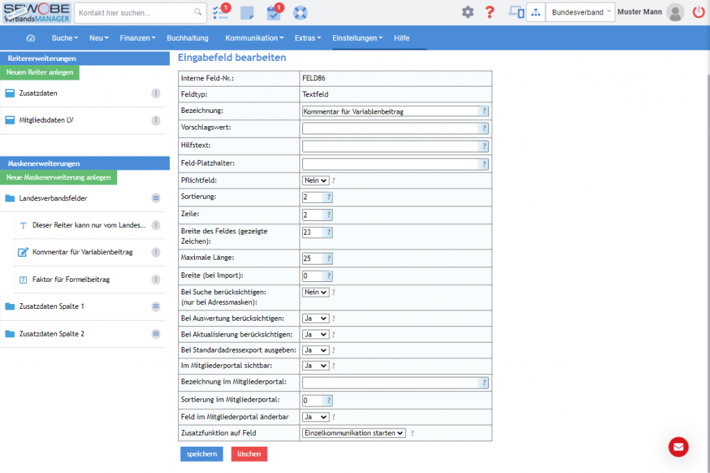 Vereinssoftware dynamische Konfiguration der Datenfelder