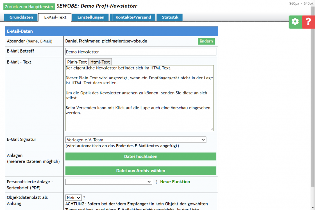 Kommunikation Massenmail, Newsletter Online Software für SEWOBE
