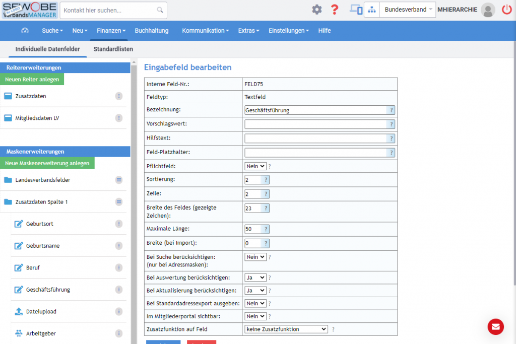 Vereinssoftware dynamische Erstellung von Datenfelder