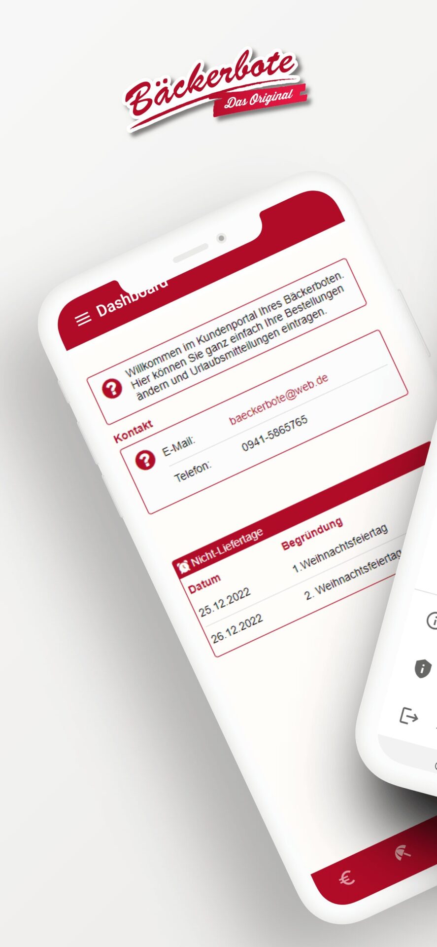 Baeckerbote App Dashboard mit Lieferhinweisen und Kontaktinformationen