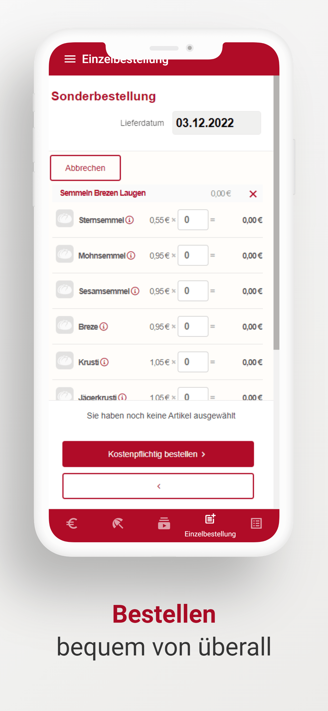 Baeckerbote App Einzelbestellung fuer zusaetzliche Backwaren