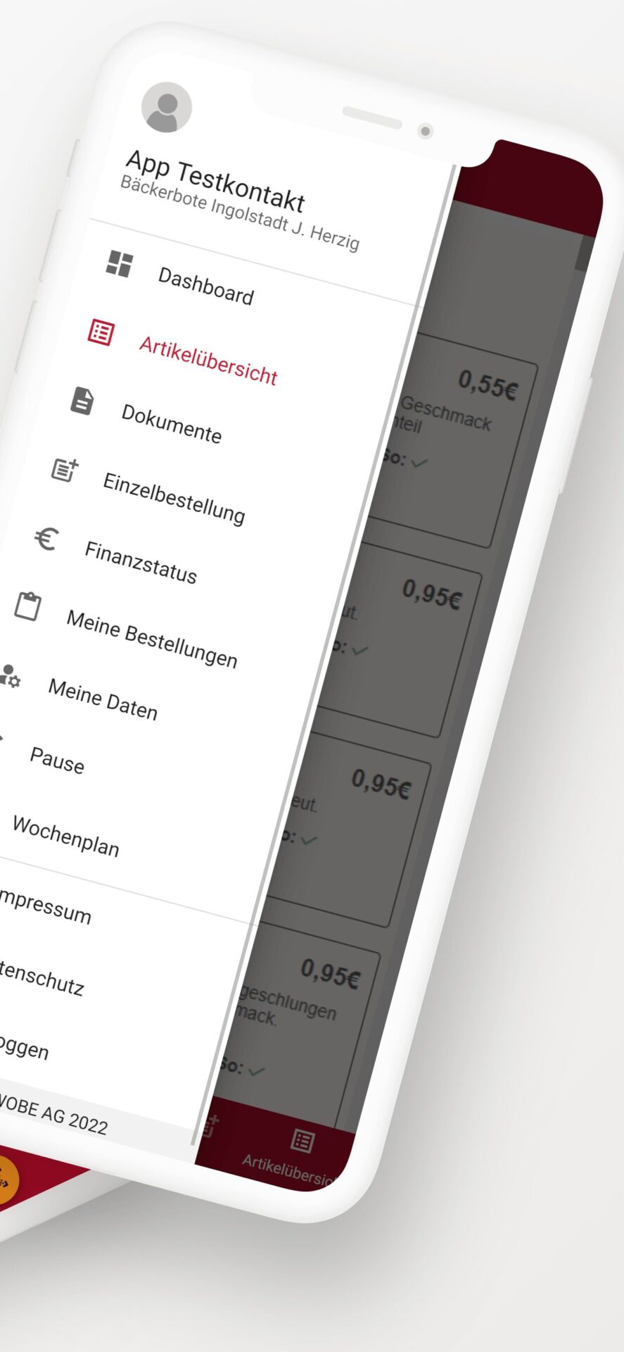 Baeckerbote App Navigation mit Artikeluebersicht und Kundenfunktionen