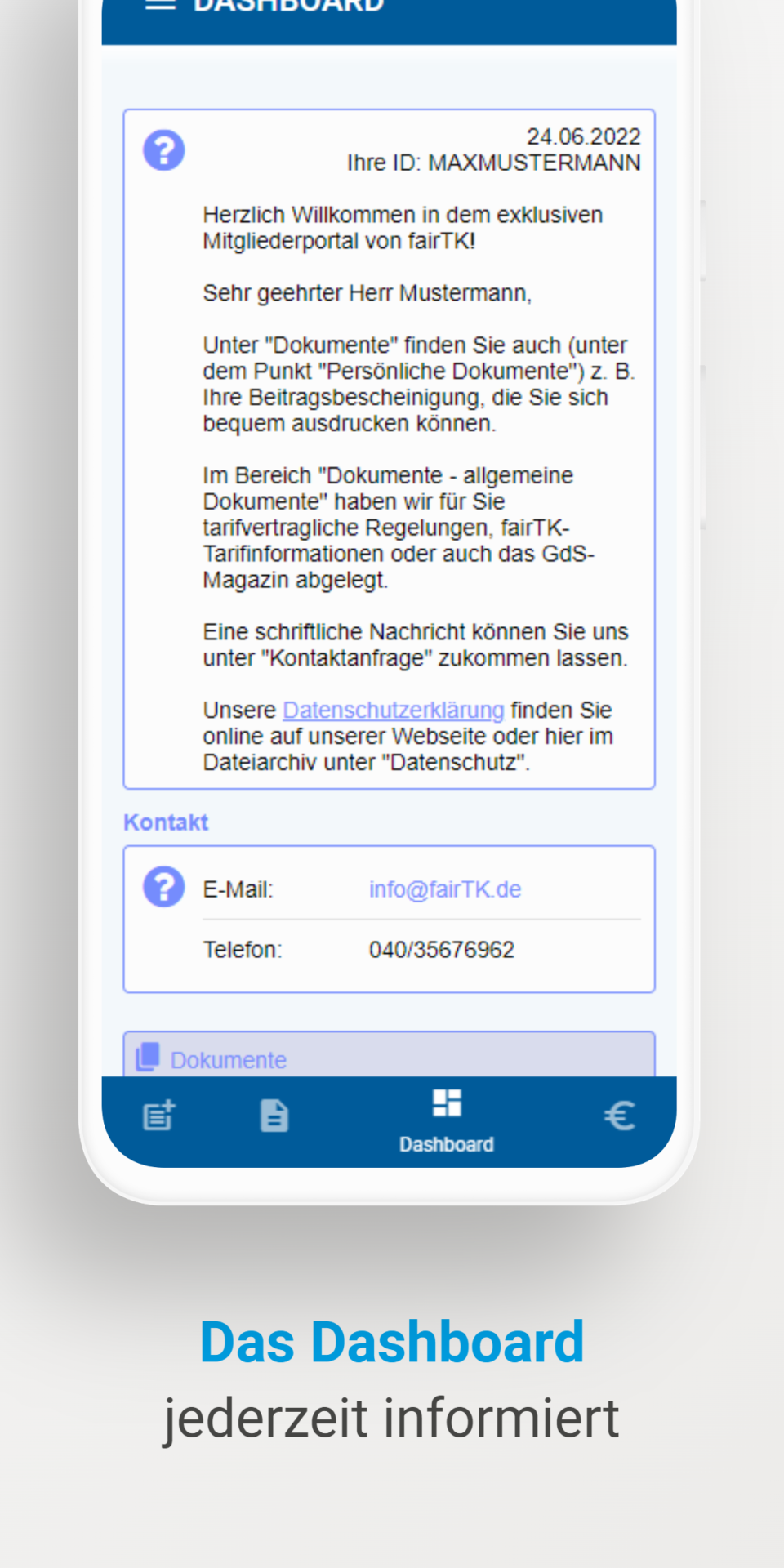 FairTK Portal App Dashboard mit Informationen und Dokumenten