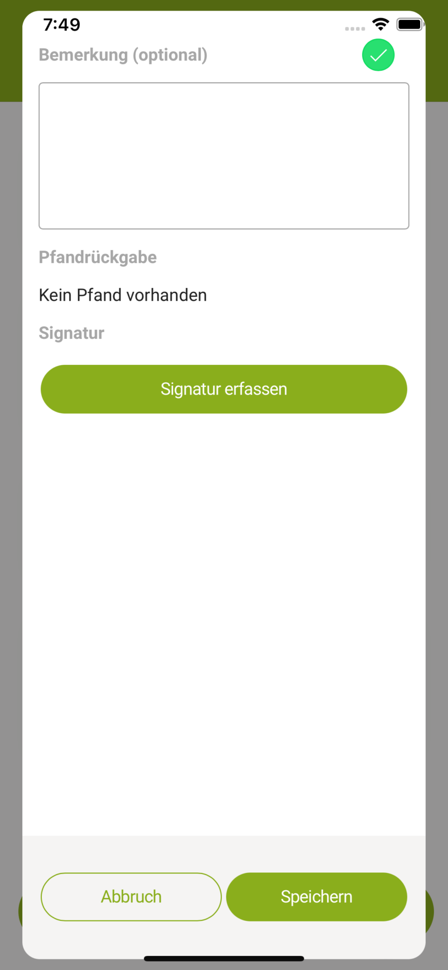 Fruiton TourenApp Lieferabschluss mit Pfandrueckgabe und Signatur