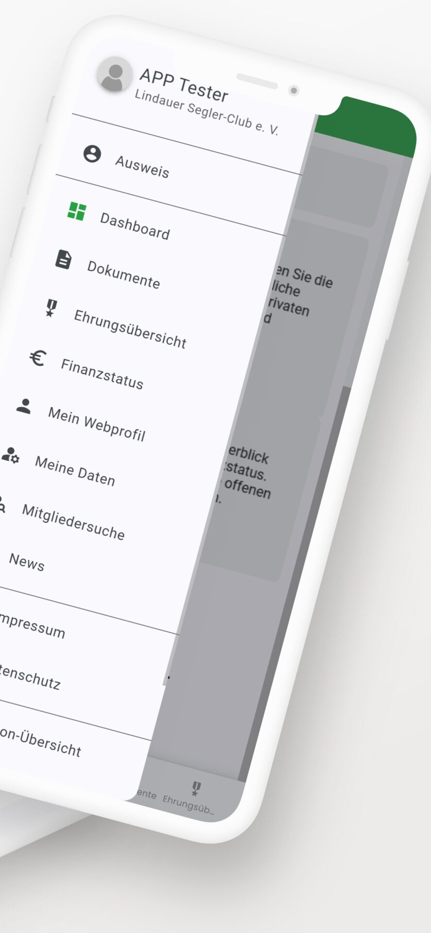 Lindauer Segler-Club App Navigation mit Portalbereichen