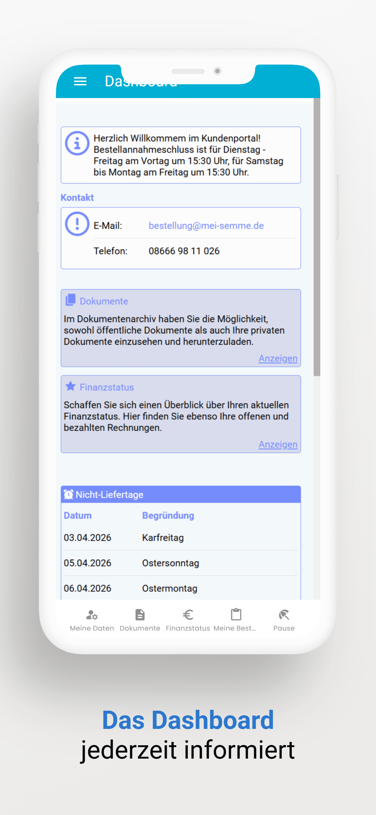 Mei Semme App Dashboard mit Dokumenten, Finanzstatus und Lieferhinweisen