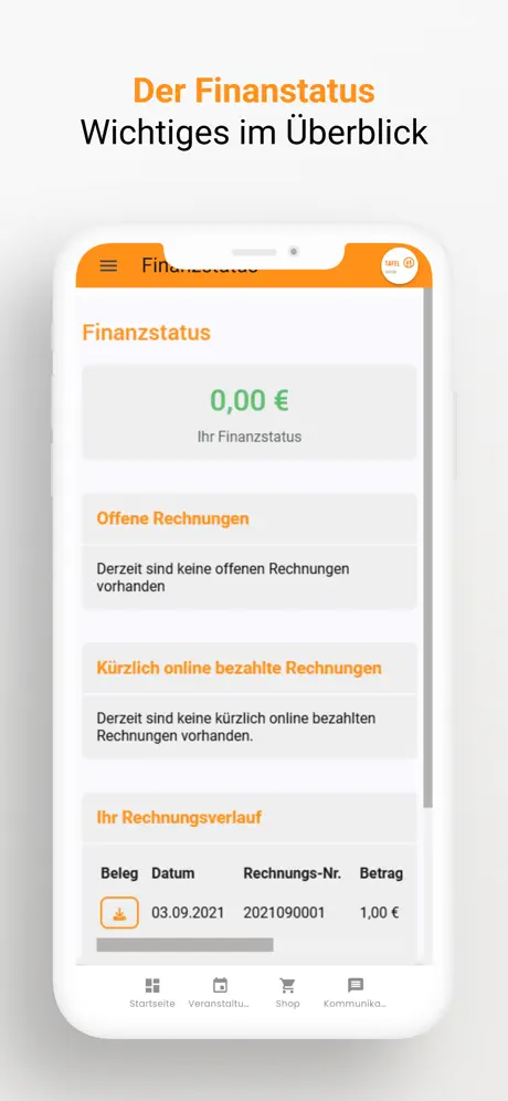 Tafel Bayern App Finanzstatus mit Rechnungsueberblick