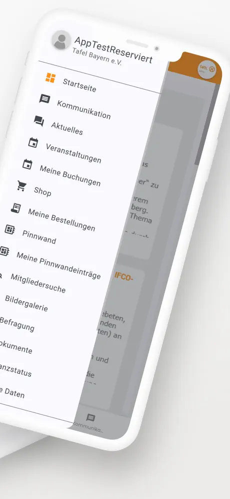 Tafel Bayern App Navigation mit Portalbereichen