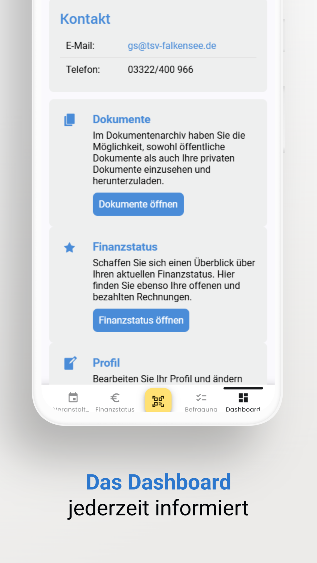TSV Falkensee App Dashboard mit Dokumenten und Finanzstatus