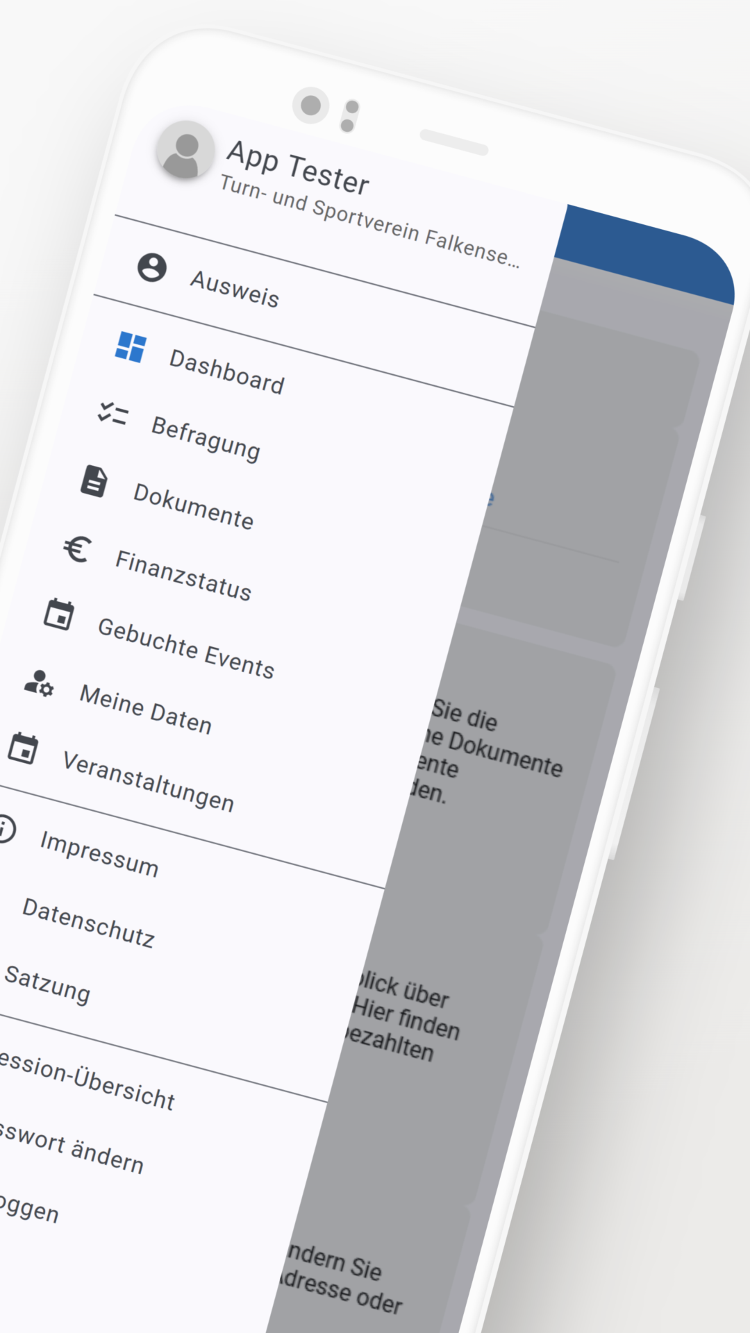 TSV Falkensee App Navigation mit Portalbereichen