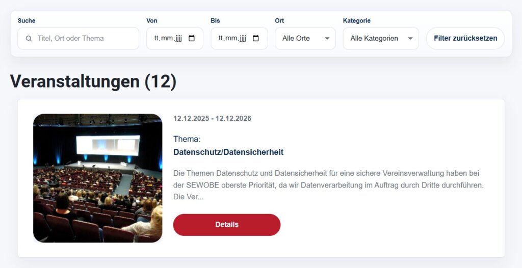 Vorschau der Veranstaltungsseite im SEWOBE Muster-Theme